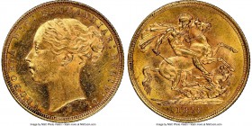 Victoria gold "St. George" Sovereign 1879-M MS63 NGC, Melbourne mint, KM7, S-3857. Long tail variety. A choice example displaying mottled autumnal hue...