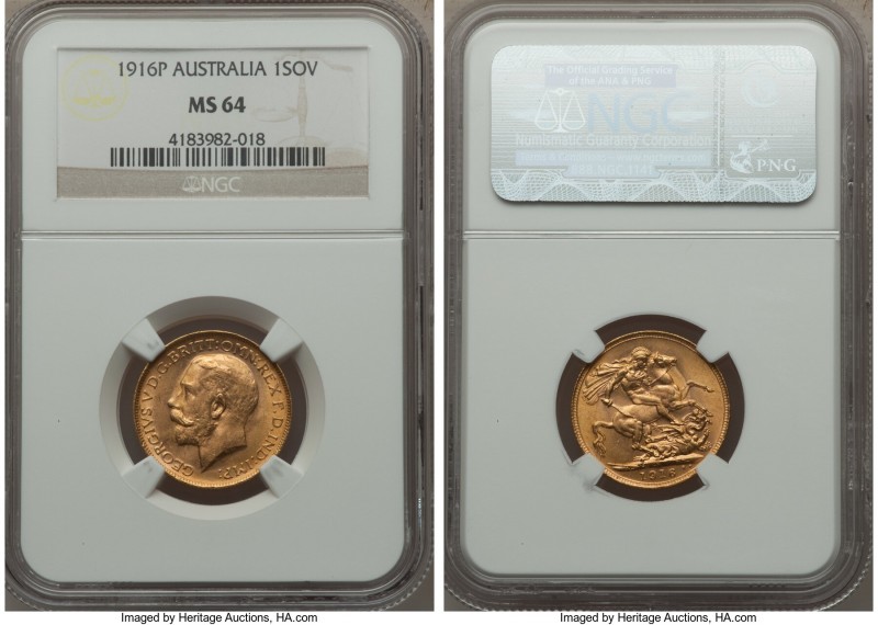 George V gold Sovereign 1916-P MS64 NGC, Perth mint, KM29. AGW 0.2354 oz.

HID...
