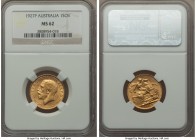 George V gold Sovereign 1927-P MS62 NGC, Perth mint, KM29, S-4001. Typically marked for the grade with soft luster. AGW 0.2355 oz. Ex. Alan Dean Sover...