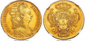 Maria I gold 6400 Reis 1803-R AU55 NGC, Rio de Janeiro mint, KM226.1. A lightly circulated example of this popular type with darkened, orange-peel col...