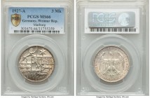 Weimar Republic "Marburg" 3 Reichsmark 1927-A MS66 PCGS, Berlin mint, KM53. Eagle, denomination below / Arms of Philip I the Magnanimous.

HID098012...