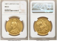 Victoria gold 5 Pounds 1887 MS61 NGC, KM769, S-3864. Jubilee head. A slightly reflective field displays through the chatter. AGW 1.1775 oz.

HID0980...
