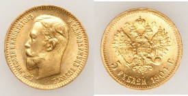 Nicholas II gold 5 Roubles 1904-AP UNC, St. Petersburg mint, KM-Y62. 18.4mm. 4.31gm. AGW 0.1245 oz.

HID09801242017

© 2020 Heritage Auctions | Al...