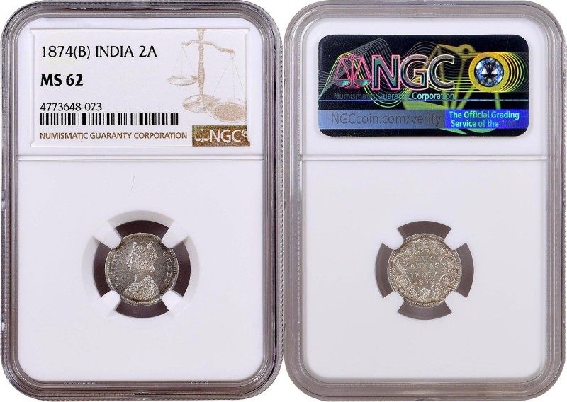 British India
Annas 02 
1874, Victoria Queen, Silver 2 Annas, Bombay Mint, A/I...