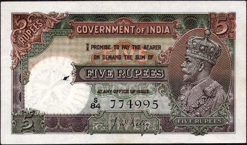 British INDIA Notes
British India, 1934, King George V, 5 Rupees, Signed by J.W...