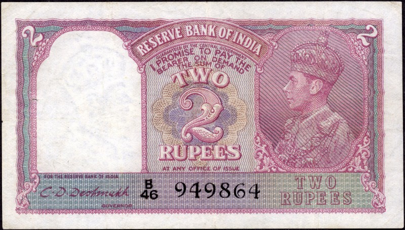 British INDIA Notes
British India, 1943, King George VI, 2 Rupees, Signed by C....
