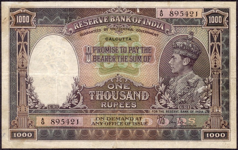 British INDIA Notes
British India, 1938, King George VI, 1000 Rupees, Calcutta ...