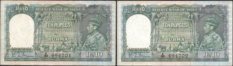 British INDIA Notes
British India, 1938, King George VI, 10 Rupees (2), Consecu...