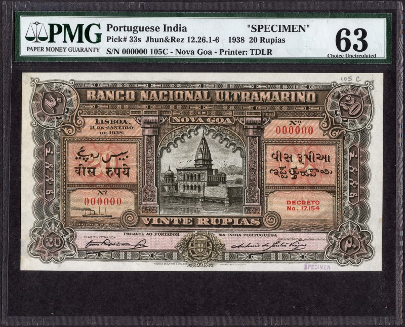 Portuguese India
Indo-Portuguese, 1938, Specimen 20 (Vinte) Rupias, Banco Nacio...