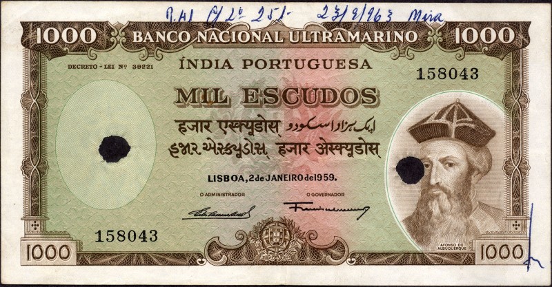 Portuguese India
Indo-Portuguese, 1959, 1000 (Mil) Escudos, Cancelled, Banco Na...