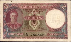 Two Rupees Banknote Signed by H J Huxham and C H Collins of King George VI of Ceylon of 1943.