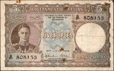 Five Rupees Banknote Signed by H J Huxham and C H Collins of King George VI of Ceylon of 1944.