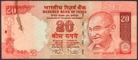 Error Twenty Rupees Banknote Signed by D Subbarao of Republic India of 2009.