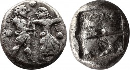 Siris. Ca. 525-480 BC. AR/ stater (19,5mm, 9,12 gm). Satyr striding right, grasping the arm of a nymph fleeing to right, who looks back at him / Quadr...