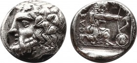 Greek Coins
THRACE. Thasos. Drachm (Circa 404-355 BC).
Obv: Head of Dionysos left, wearing ivy wreath.
Rev: ΘΑΣΙΟΝ.
Herakles kneeling right, drawing b...