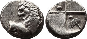 Thracian Chersonesos, 'Kardia' AR Hemidrachm. Circa 357-320 BC. Forepart of lion to right, head reverted / Quadripartite incuse square with alternatin...