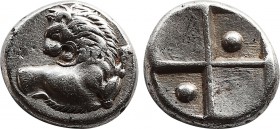 THRACE. Chersonesos. Circa 386-309 BC. Hemidrachm (Silver, 12,2 mm, 2.41 g, 12 h). Forepart of lion right, head turned to left. Rev. Quadripartite inc...