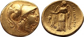 Macedon, Kings of. Alexander III. 336-323 BC. AV Stater (8.52 gm 18,7mm ). Abydos mint. Struck circa 328-323 BC. Helmeted head of Athena right / AΛEΞA...