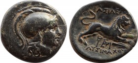 LYSIMACHOS. AE-19,3 mm. (4,78gr)Athenakopf mit attischem Helm r. Rs: BA_I_E__ _Y_IMAXOY; Löwe r., darunter Caduceus, Speerspitze und Monogramm.