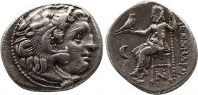 Greek
Kingdom of Macedon, Antigonos I Monophthalmos AR Drachm. In the name and types of Alexander III. Kolophon, circa 310-301 BC. Head of Herakles ri...