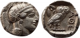 ATTICA, Athens. Circa 430s BC. Tetradrachm (Silver, 24,1mm, 17.24 g 5). Head of Athena to right, wearing disc earring, pearl necklace and a crested At...