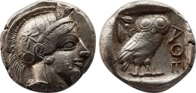 ATTICA, Athens. Circa 430s BC. Tetradrachm (Silver, 24,1mm, 17.21 g 5). Head of Athena to right, wearing disc earring, pearl necklace and a crested At...