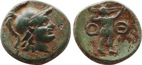 Greek
Pamphylia, Aspendos Æ14. Circa 400-200 BC. Helmeted head of Athena right / Slinger standing right; O-Θ across fields. Imhoof KM, 29; Waddington...