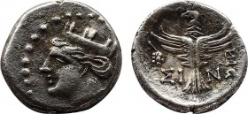 Paphlagonia, Sinope. Late 4th-3rd cent. BC. AR 1/2 drachm.(1,84g 13,3)
Turreted female head left / Eagle standing facing, head left, with wings sprea...