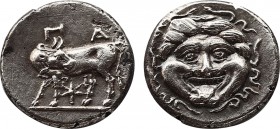 Greek Coins
Mysia
Parion, 393-330 BC
AR-Drachm, 2.31g. 14mm 
Obv.: ΠA / PI
Cow l.
Rev.: Head of Medusa.
Slg. Dewing 2204.
FDC
