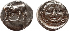 Greek Coins
Mysia
Parion, 393-330 BC
AR-Drachm, 2.23g. 14,3mm 
Obv.: ΠA / PI
Cow l.
Rev.: Head of Medusa.
Slg. Dewing 2204.
FDC