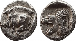 Kyzikos AR Diobol, c. 480 BC
Mysia, Kyzikos. AR Diobol (10,8 mm, 1.21 g), c. 480 BC.
Obv. Forepart of boar to left, tunny behind.
Rev. Head of lion...