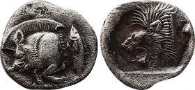 Kyzikos AR Diobol, c. 480 BC
Mysia, Kyzikos. AR obol (9,8 mm, 0,82g), c. 480 BC.
Obv. Forepart of boar to left, tunny behind.
Rev. Head of lion to lef...
