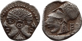 MYSIA, Lampsakos. Circa 500-450 BC. AR Trihemiobol(?) (10,2mm, 0,78 g, 6h). Janiform female heads, each wearing stephanos, with central earring / Head...