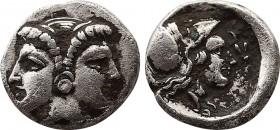 Mysia, Lampsakos. 4th-3rd centuries B.C. AR diobol (10,8 mm, 1.13 g, 12 h). Janiform female heads / ΛΑ-Μ, head of Athena right, wearing crested Corint...