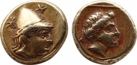Lesbos, Mytilene EL Hekte. Circa 377-326 BC. Head of Kabeiros right, wearing pileos; two stars flanking / Head of Persephone right within linear squar...