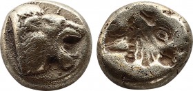 Lesbos, Mytilene EL Hekte. Circa 521-478 BC. Head of roaring lion right / Incuse head of calf right; rectangular punch behind. Bodenstedt 13; SNG Cope...