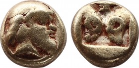 Lesbos, Mytilene EL Hekte. Circa 450 BC. Head of an aged satyr facing right, wearing a taenia / Two confronted heads of rams, palmette above, all with...