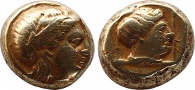 Mytilene - Lesbos - Electrum Artemis Hekte
412-378 BC. Obv: laureate head of Apollo right. Rev: head of Artemis right, hair in a topknot, within linea...