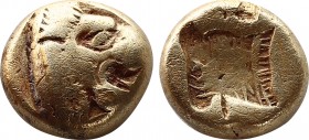 Lesbos, Mytilene EL Hekte. Circa 500-480 BC. Head of roaring lion right / Incuse head of calf left. Bodenstedt 12; HGC 6, 938; SNG von Aulock 1685; Bo...
