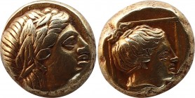 LESBOS. Mytilene. EL Hekte (Circa 454-427 BC).
Obv: Laureate head of Apollo right.
Rev: Two confronted ram's heads, palmette between; all within incus...