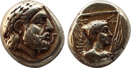 Lesbos, Mytilene EL Hekte. Circa 375-325 BC. Laureate head of Zeus Meilichios right, [forepart of small serpent before chin] / Draped bust of Nike rig...