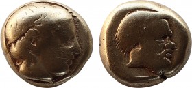 LESBOS. Mytilene. EL Hekte (2.46 gms), 9,6mm ca. 377-326 B.C.
Bodenstedt-93. Ivy-wreathed head of Dionysus facing right; Reverse: Head of youthful Pa...
