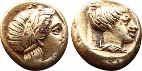 LESBOS. Mytilene. EL Hekte (Circa 377-326 BC).
Obv: Laureate head of Apollo right; serpent behind.
Rev: Head of Artemis right within linear square.
Bo...