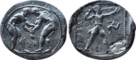 PAMPHYLIA, Aspendos. Circa 380/75-330/25 BC. AR Stater (22,8mm, 10.65 g, 5h). Two wrestlers grappling; ΣK between / Slinger in throwing stance right; ...