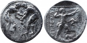 PAMPHYLIA, Aspendos. Circa 380/75-330/25 BC. AR Stater (23,5mm, 10.88 g, 5h). Two wrestlers grappling; ΣK between / Slinger in throwing stance right; ...