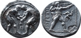 Greek
Pamphylia. Aspendos circa 420-370 BC. Stater AR 21,7mm., 10,78g. Two wrestlers grappling, Π between / EΣTFEΔIIΥΣ, slinger in throwing stance rig...