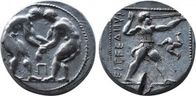 Greek
Pamphylia. Aspendos circa 420-370 BC. Stater AR 21,9mm., 10,91g. Two wrestlers grappling, Π between / EΣTFEΔIIΥΣ, slinger in throwing stance rig...