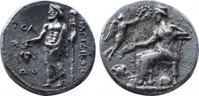 CILICIA. Nagidos. Stater (Circa 385/4-375 BC).
Obv: NAΓIΔIKΩN.
Dionysos standing left, holding grape bunch and thyrsos; in left field, above, ΔIO belo...
