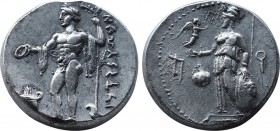 PAMPHYLIA, Side. Circa 360-333 BC. AR Stater (20,8mm, 10.65 g, 3h). Athena standing left, supporting shield and spear, holding Nike; pomegranate to le...