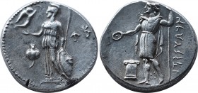 PAMPHYLIA, Side. Circa 360-333 BC. AR Stater (20,2mm, 10.76 g, 11h). Athena Parthenos standing left, holding Nike, who crowns her with wreath, in her ...